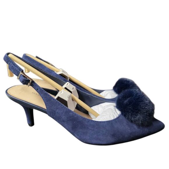 NIB ISAAC MIZRAHI LIVE! JOSIE2 Dark Blue Suede Sling Back Kitten Heel Size 8M - Picture 1 of 7